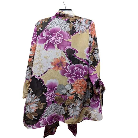 Anttony Size Large Purple Floral Cover Up Duster Kimono NEW Ruched Sleeves - Picture 2 of 5